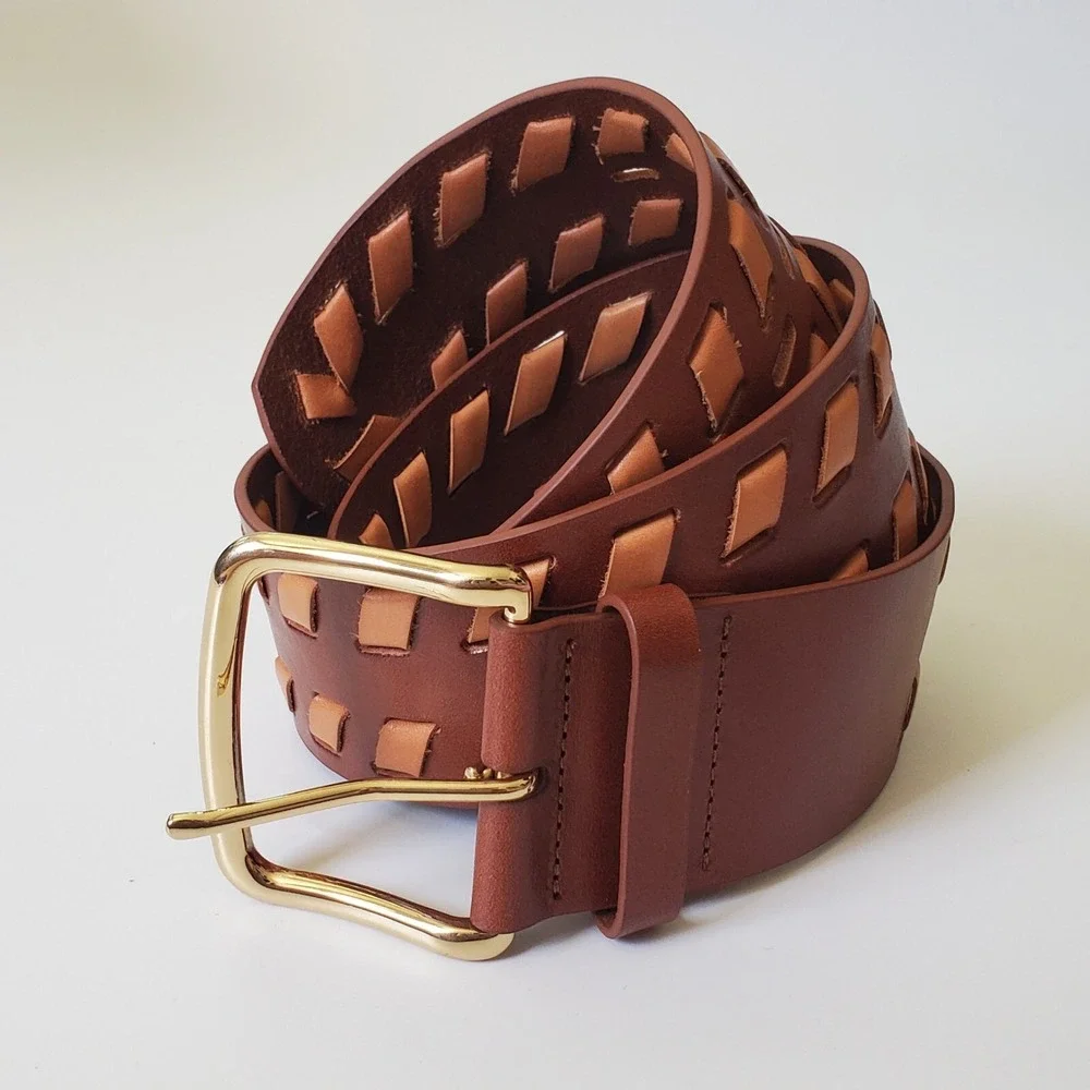 Chicos Wide Woven Leather Hip Belt Medium‎ Brown Tan Adjustable Boho Western